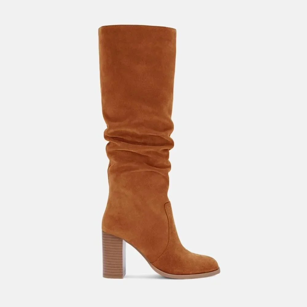 Women's Brown Chunky High Heel Square Zipper Wide Calf Knee High Boots